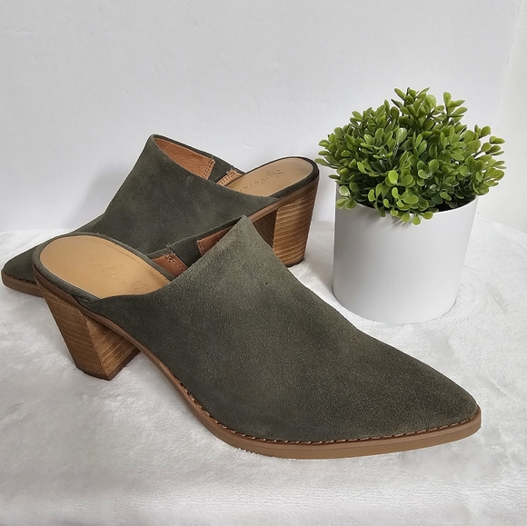 Splendid Olive Genuine Suede Slip-On Roberta Stacked Heel Mules - Picture 14 of 14